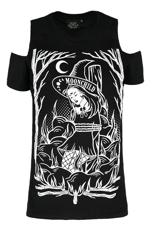 Czarny damski T-shirt gotycki BURN THE WITCH COLD SHOULDER