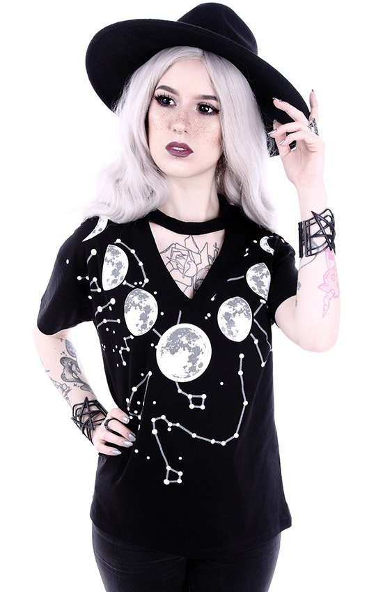 V-neck with choker gothic blouse with  "MOON PHASES"