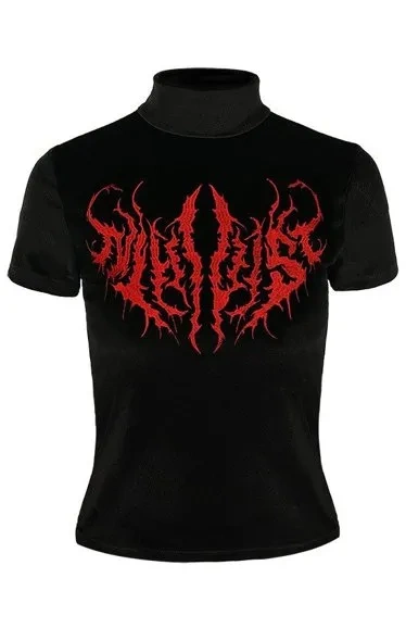 Schwarzes Metall-Samt-Top NIHILIST bestickt