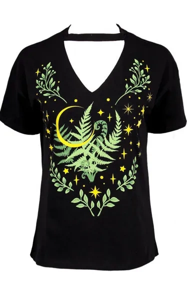 Kräuter-T-Shirt mit Halsband und Farnblatt