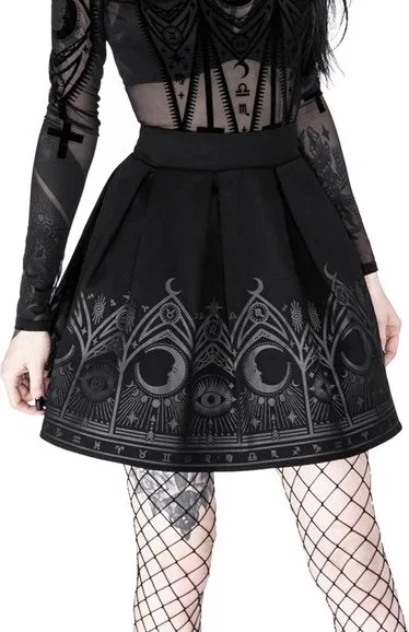 FORTUNE TELLER SKIRT, schwarzer Gothic Plissee-Rock mit Mond-Print