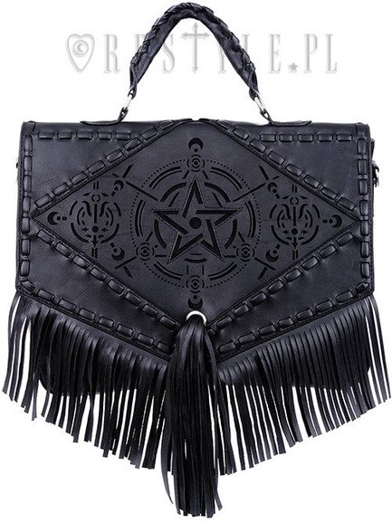 Black gothic satchel with fringe, laser cut pentagram, alchemical symbols "Boho Witch Bag"