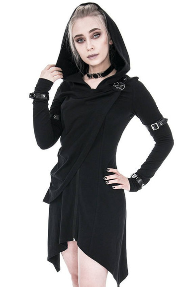 Long asymmetric Black Hecate Draped Hoodie