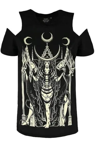 Schwarzes Gothic-T-Shirt Göttin HECATE COLD SHOULDER