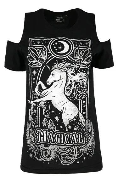 T-shirt mit kalter Schulter MAGICAL UNICORN GRAY