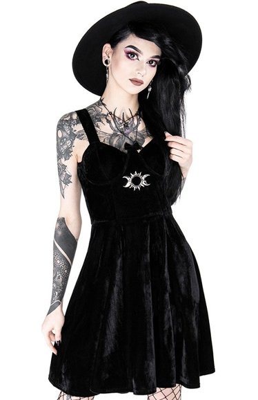 Czarna gotycka aksamitna sukienka szyta z kola TRIPLE GODDESS DRESS