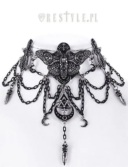 Gotycka kolia, ćma z symbolami, księżyce "OCCULT MOTH CHOKER"