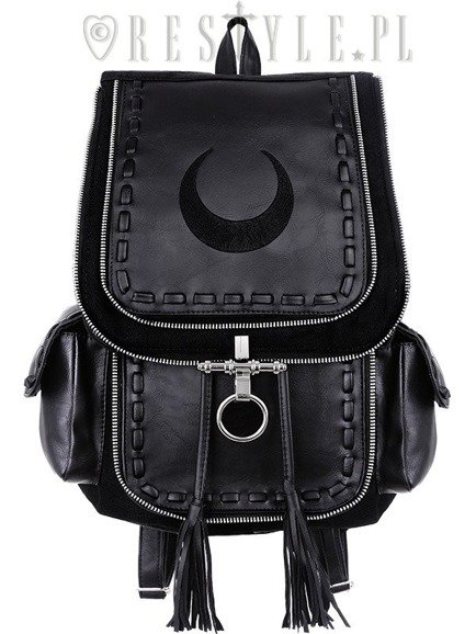  Czarny plecak do szkoły z kieszeniami, torba z księżycem "CRESCENT BLACK BACKPACK"