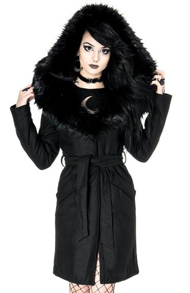 ARCANUM COAT Czarny gotycki płaszcz zimowy z ogromnym futrzanym kapturem