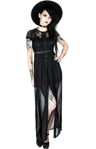 BLACK GRACE Czarna długa koronkowa sukienka gotycka 
