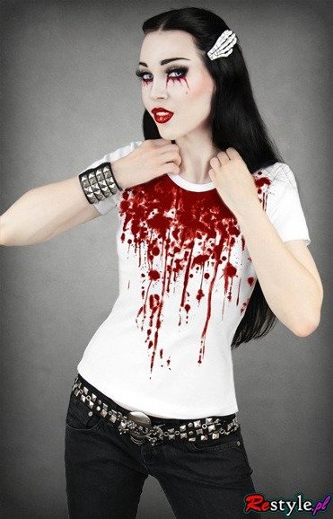 Biały damski T-shirt  KREW pod szyją horror damska koszulka