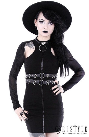 Czarna gotycka sukienka z obrożą i paskiem "RING COLLAR DRESS"
