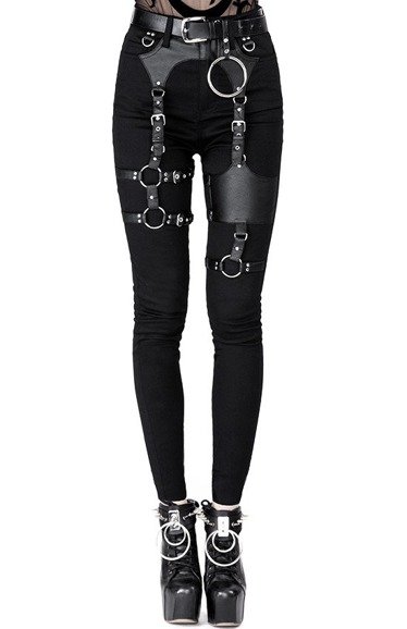 Czarne gotyckie jeansy slim fit z wysokim stanem HARNESS JEANS