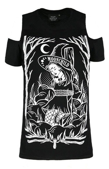 Czarny damski T-shirt gotycki BURN THE WITCH COLD SHOULDER 