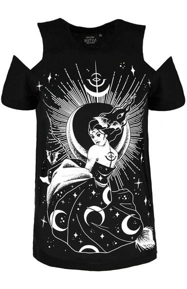 Czarny damski T-shirt gotycki z czarownicą NOX COLD SHOULDER 