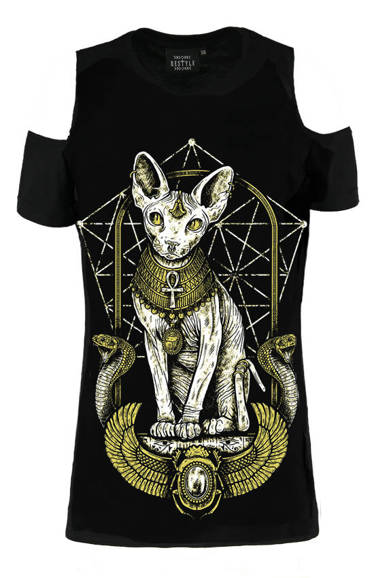 Czarny damski T-shirt kot SPHINX CAT COLD SHOULDER 