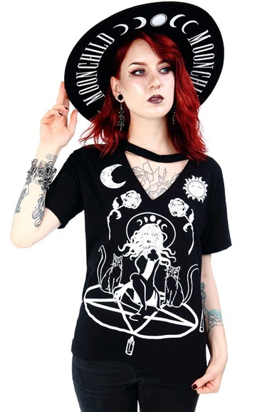 Czarny damski T-shirt z chokerem Witch & Cats