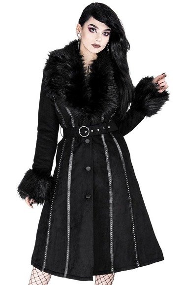 Czarny długi gotycki płaszcz z futrzanym kołnierzem FEMME FATALE 