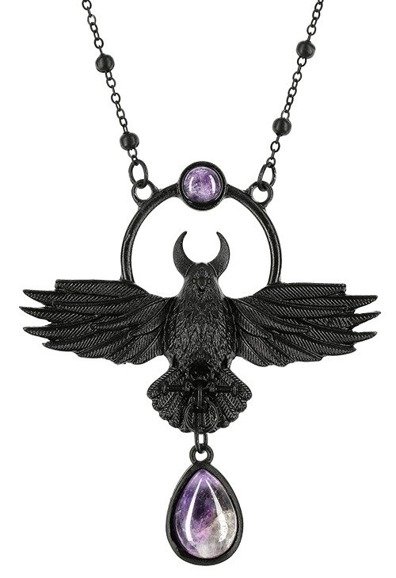 Czarny gotycki naszyjnik kruk, fioletowy kwarc "the Crow pendant"