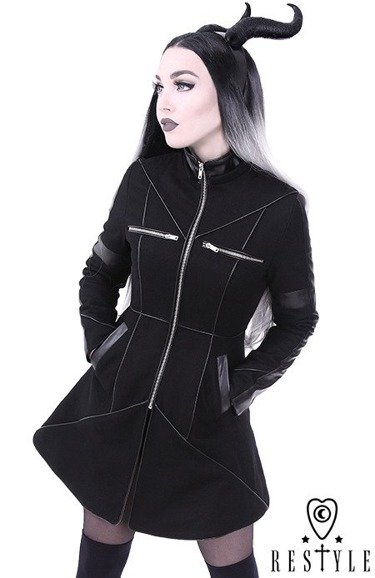 Czarny rozkloszowany płaszcz ocieplany, wełna, nowoczesna kurtka "GEOMETRY COAT"