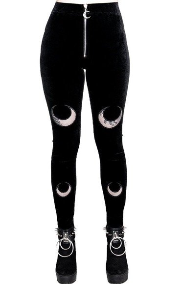 DOUBLE CRESCENT VELVET LEGGINGS, czarne gotyckie legginsy z półksiężycem