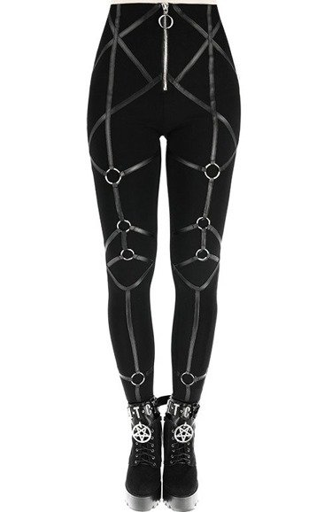 RINGS LEGGINGS Czarne legginsy gotyckie getry bawełniane z harnessem