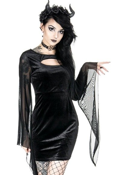 SALEM DRESS Czarna welurowa sukienka z szerokimi rękawami, gotycka tunika